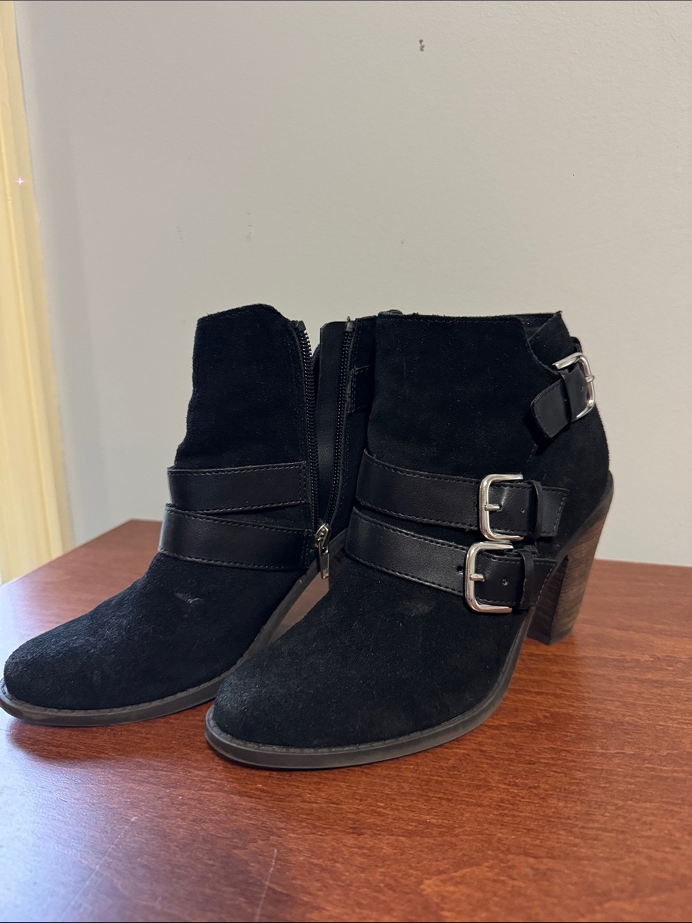 Women's Black Suede Buckle Ankle Boots